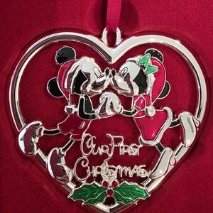 Disney Silver Heart Ornament with Red and Green Accents